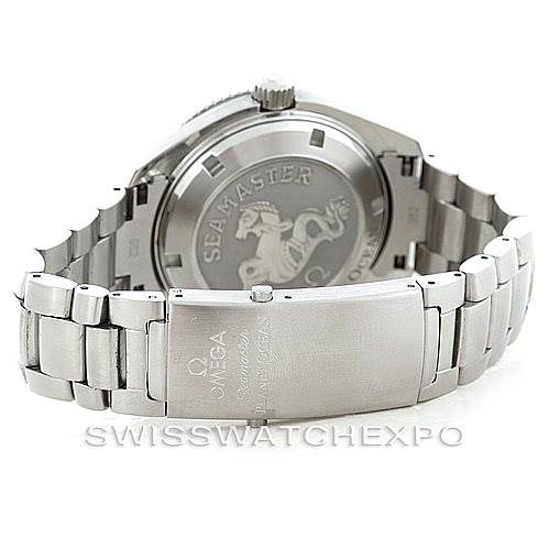 The image shows the back and bracelet of the Omega Planet Ocean 2209.50.00 Men's Stainless Steel Black Dial 2209.50.00 Men's Stainless Steel Black Dial watch, emphasizing the clasp and case back engraving.