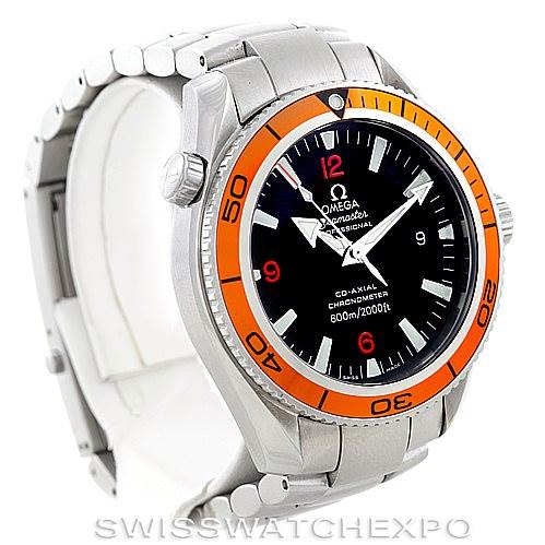 The image shows an Omega Planet Ocean 2209.50.00 Men's Stainless Steel Black Dial 2209.50.00 Men's Stainless Steel Black Dial watch at a three-quarter angle, highlighting the dial, bezel, bracelet, and crown.