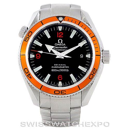 This image shows a front view of an Omega Planet Ocean 2209.50.00 Men's Stainless Steel Black Dial 2209.50.00 Men's Stainless Steel Black Dial watch, highlighting the dial, hands, bezel, and stainless steel bracelet.