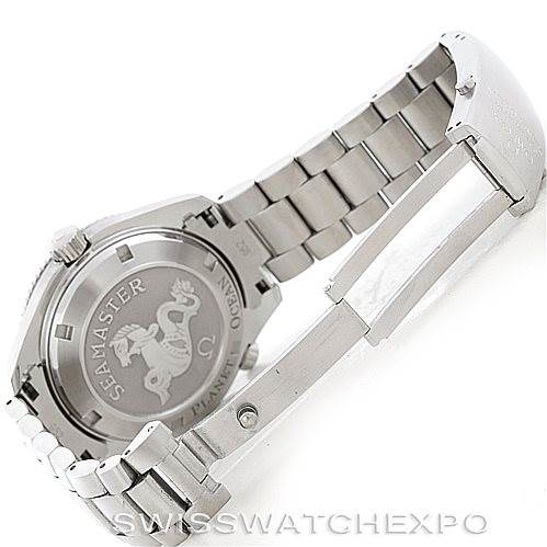 The image shows the back case and stainless steel bracelet of the Omega Planet Ocean 2209.50.00 Men's Stainless Steel Black Dial 2209.50.00 Men's Stainless Steel Black Dial Seamaster watch.