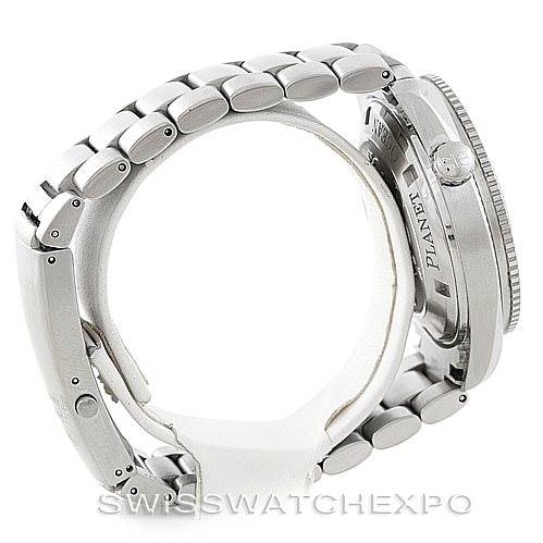 The image shows a side and partial back view of an Omega Planet Ocean 2209.50.00 Men's Stainless Steel Black Dial 2209.50.00 Men's Stainless Steel Black Dial watch focusing on the bracelet and crown.