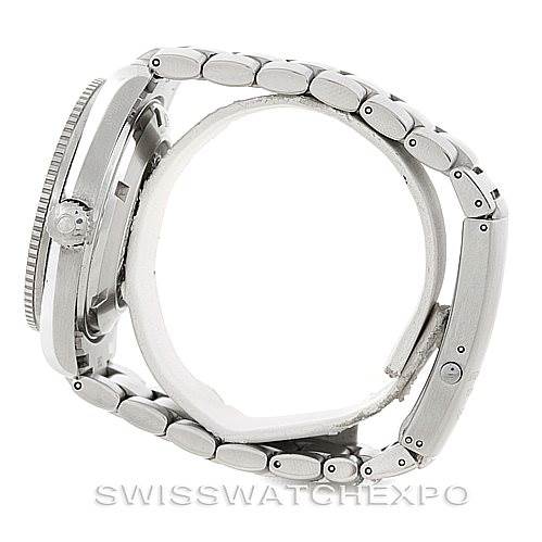 The image shows a side view of an Omega Planet Ocean 2209.50.00 Men's Stainless Steel Black Dial 2209.50.00 Men's Stainless Steel Black Dial watch, highlighting its bracelet and case.