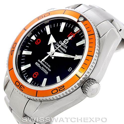 This image shows a side and partial top view of the Omega Planet Ocean 2209.50.00 Men's Stainless Steel Black Dial 2209.50.00 Men's Stainless Steel Black Dial watch, highlighting its orange bezel and stainless steel bracelet.