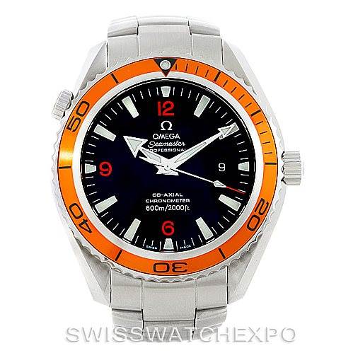 The image shows a frontal view of the Omega Planet Ocean 2208.50.00 Men's Stainless Steel Black Dial 2208.50.00 Men's Stainless Steel Black Dial watch, displaying its orange bezel, dial, hands, and bracelet.