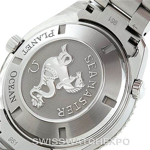 The image shows the stainless steel case back of the Omega Planet Ocean 2208.50.00 Men's Stainless Steel Black Dial 2208.50.00 Men's Stainless Steel Black Dial watch, featuring the "Seamaster" engraving and bracelet attachment.