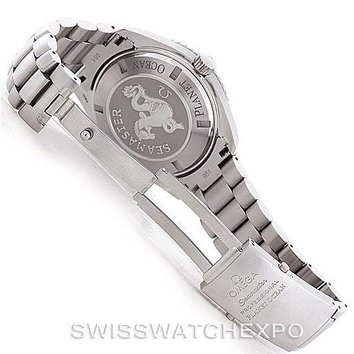 The image shows the Omega Planet Ocean 2208.50.00 Men's Stainless Steel Black Dial 2208.50.00 Men's Stainless Steel Black Dial watch from a rear angle, highlighting the case back and bracelet clasp.