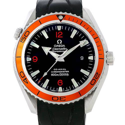 The image shows a front view of the Omega Planet Ocean 2909.50.91 Men's Stainless Steel Black Dial 2909.50.91 Men's Stainless Steel Black Dial watch, featuring an orange bezel and black dial with a black strap.