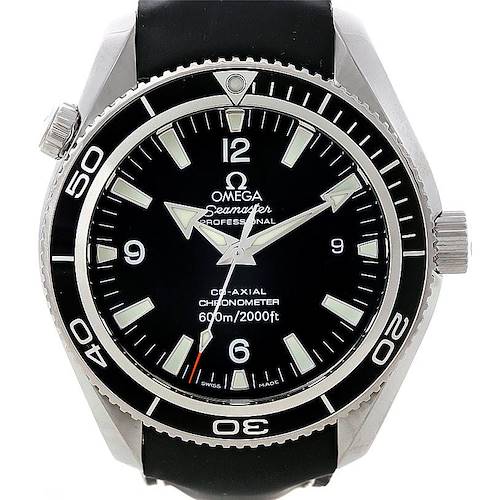 This image shows a front view of the Omega Planet Ocean 2901.50.81 Men's Stainless Steel Black Dial 2901.50.81 Men's Stainless Steel Black Dial watch, highlighting its dial, bezel, and crown.