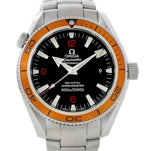 The image shows a front view of the Omega Planet Ocean 2209.50.00 Men's Stainless Steel Black Dial 2209.50.00 Men's Stainless Steel Black Dial watch, featuring its black dial and orange bezel.