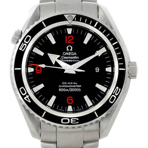 The image shows a front view of the Omega Planet Ocean 2200.51.00 Men's Stainless Steel Black Dial 2200.51.00 Men's Stainless Steel Black Dial watch, highlighting its dial, bezel, and bracelet.