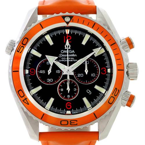 The image shows a full frontal view of the Omega Seamaster Planet Ocean watch with an orange bezel and strap.