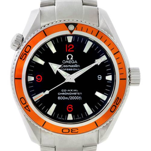The image shows the frontal view of the Omega Planet Ocean 2209.50.00 Men's Stainless Steel Black Dial 2209.50.00 Men's Stainless Steel Black Dial Seamaster watch, displaying its face, bezel, and part of the bracelet.