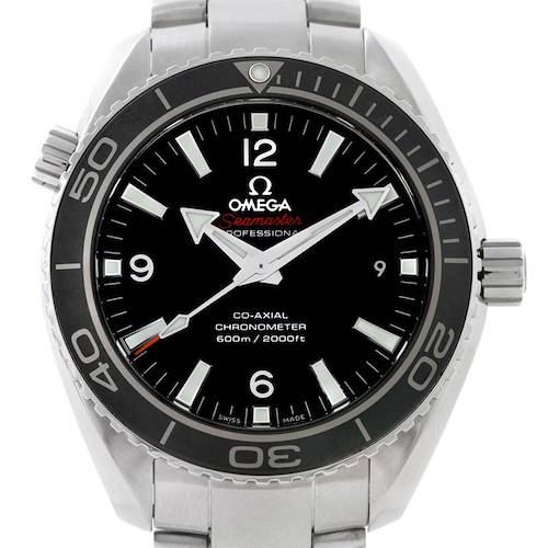 The image shows a front view of the Omega Seamaster Planet Ocean watch, detailing the dial, bezel, and bracelet.