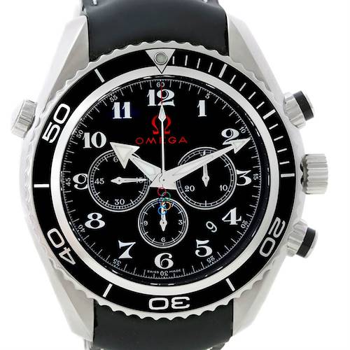 The image shows a front view of the Omega Planet Ocean 222.32.46.50.01.001 Men's Stainless Steel Black Dial 222.32.46.50.01.001 Men's Stainless Steel Black Dial watch, highlighting its black dial, bezel, and chronograph subdials.