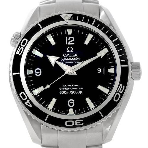 The image shows a front view of the Omega Planet Ocean 2200.50.00 Men's Stainless Steel Black Dial 2200.50.00 Men's Stainless Steel Black Dial Seamaster watch, highlighting the dial, bezel, and part of the bracelet.