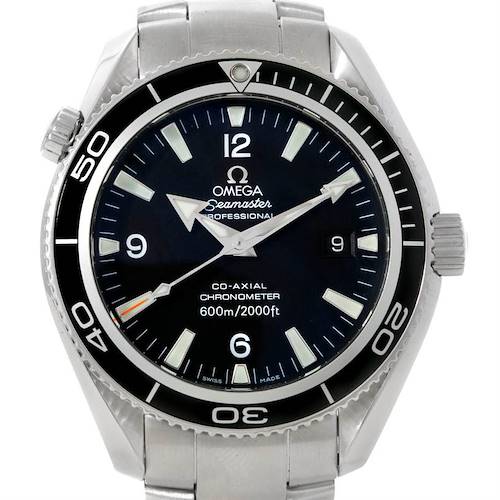 The image shows a front-facing view of the Omega Seamaster Planet Ocean watch, displaying its dial, bezel, and stainless steel bracelet.