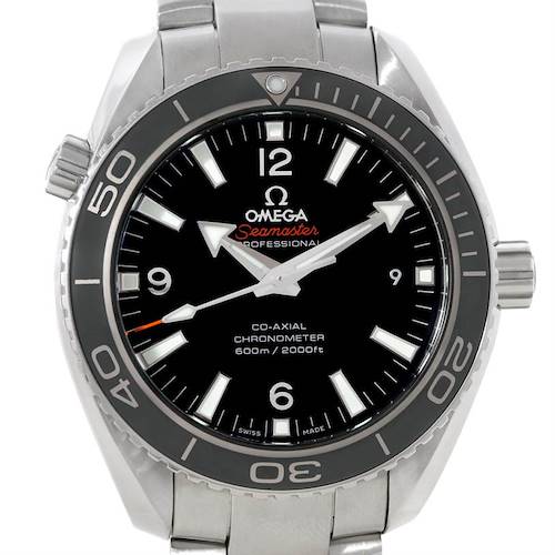 The Omega Planet Ocean 232.30.42.21.01.003 Men's Stainless Steel Black Dial 232.30.42.21.01.003 Men's Stainless Steel Black Dial watch is shown from a front angle, displaying its dial, bezel, hands, markers, and bracelet.