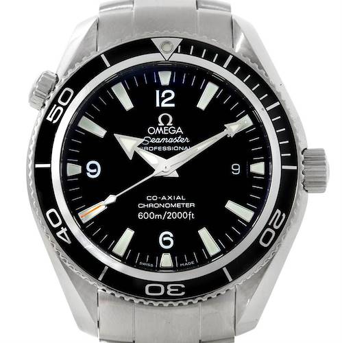 The image shows a front view of an Omega Planet Ocean 2201.50.00 Men's Stainless Steel Black Dial 2201.50.00 Men's Stainless Steel Black Dial model watch, highlighting its face, bezel, and straps.