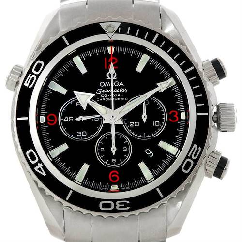 The image shows the front view of the Omega Seamaster Planet Ocean watch, highlighting its dial and bezel.