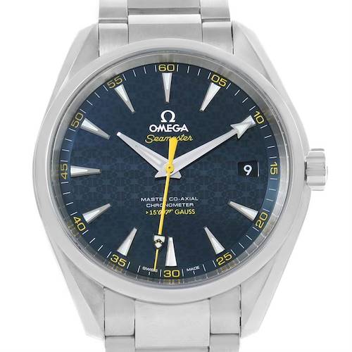 The image shows a front view of the Omega Aqua Terra 231.10.42.21.03.004 Men's Stainless Steel Blue Dial 231.10.42.21.03.004 Men's Stainless Steel Blue Dial watch, displaying its face, hour markers, and bracelet.
