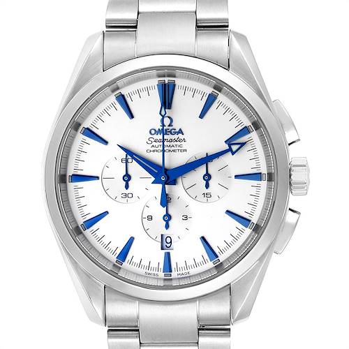 The image shows a front view of the Omega Aqua Terra 2512.30.00 Men's Stainless Steel Silver Dial 2512.30.00 Men's Stainless Steel Silver Dial watch, highlighting its face, blue hands, and metal bracelet.