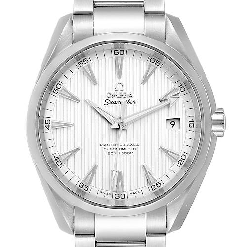 The image shows a front view of the Omega Aqua Terra 231.10.42.21.02.003 Men's Stainless Steel Silver Dial 231.10.42.21.02.003 Men's Stainless Steel Silver Dial watch, showcasing its dial, hands, date window, bezel, and part of the bracelet.
