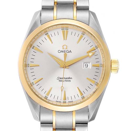 The image shows a front view of the Omega Aqua Terra 2317.30.00 Men's Steel and Gold (two tone) Silver Dial 2317.30.00 Men's Steel and Gold (two tone) Silver Dial Seamaster watch, highlighting the dial, bezel, hands, date window, and part of the bracelet.
