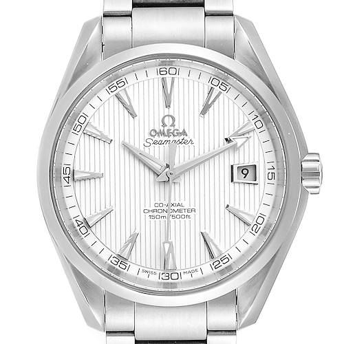 The image shows a front view of the Omega Aqua Terra 231.10.42.21.02.001 Men's Stainless Steel Silver Dial 231.10.42.21.02.001 Men's Stainless Steel Silver Dial watch, focusing on its dial and bracelet.