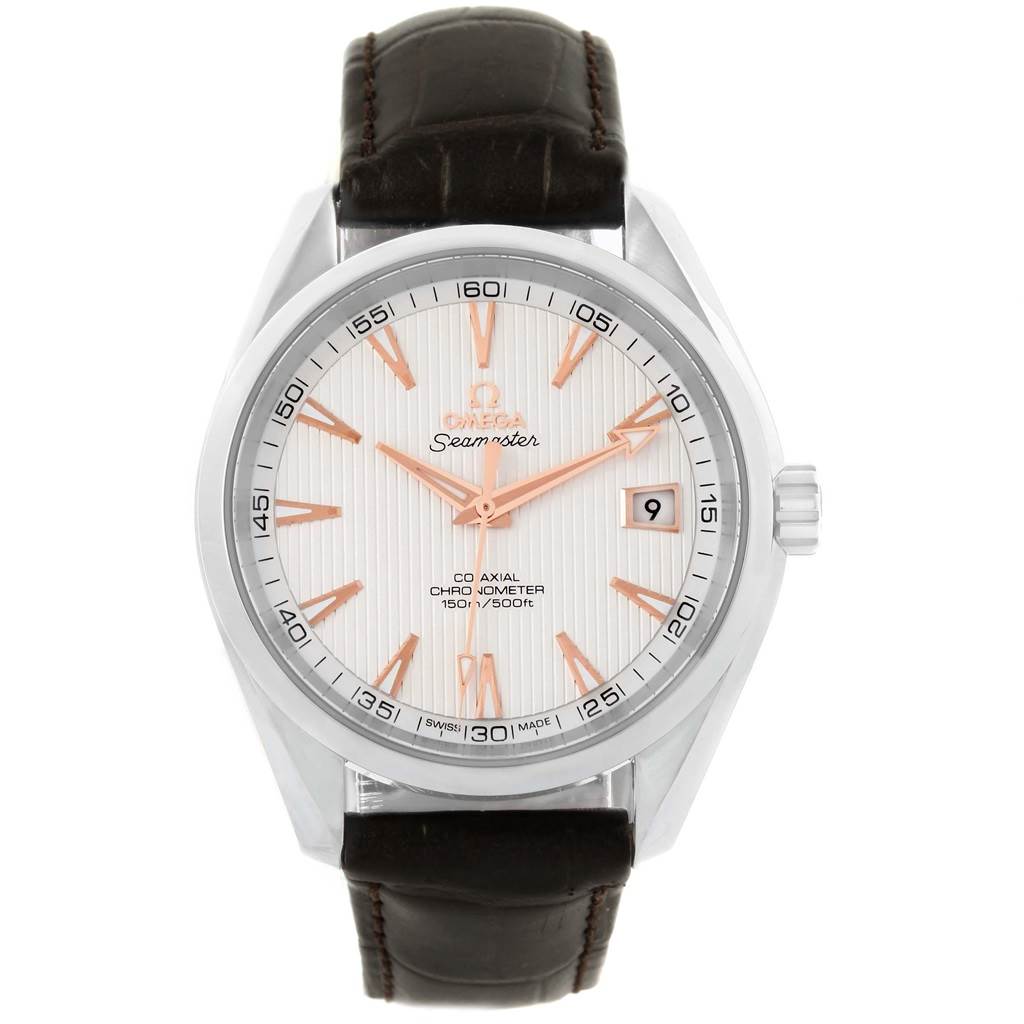 The Omega Aqua Terra 231.13.42.21.02.002 Men's Stainless Steel Silver Dial 231.13.42.21.02.002 Men's Stainless Steel Silver Dial watch is shown from a front-facing angle, displaying the dial, hands, date window, and leather strap.