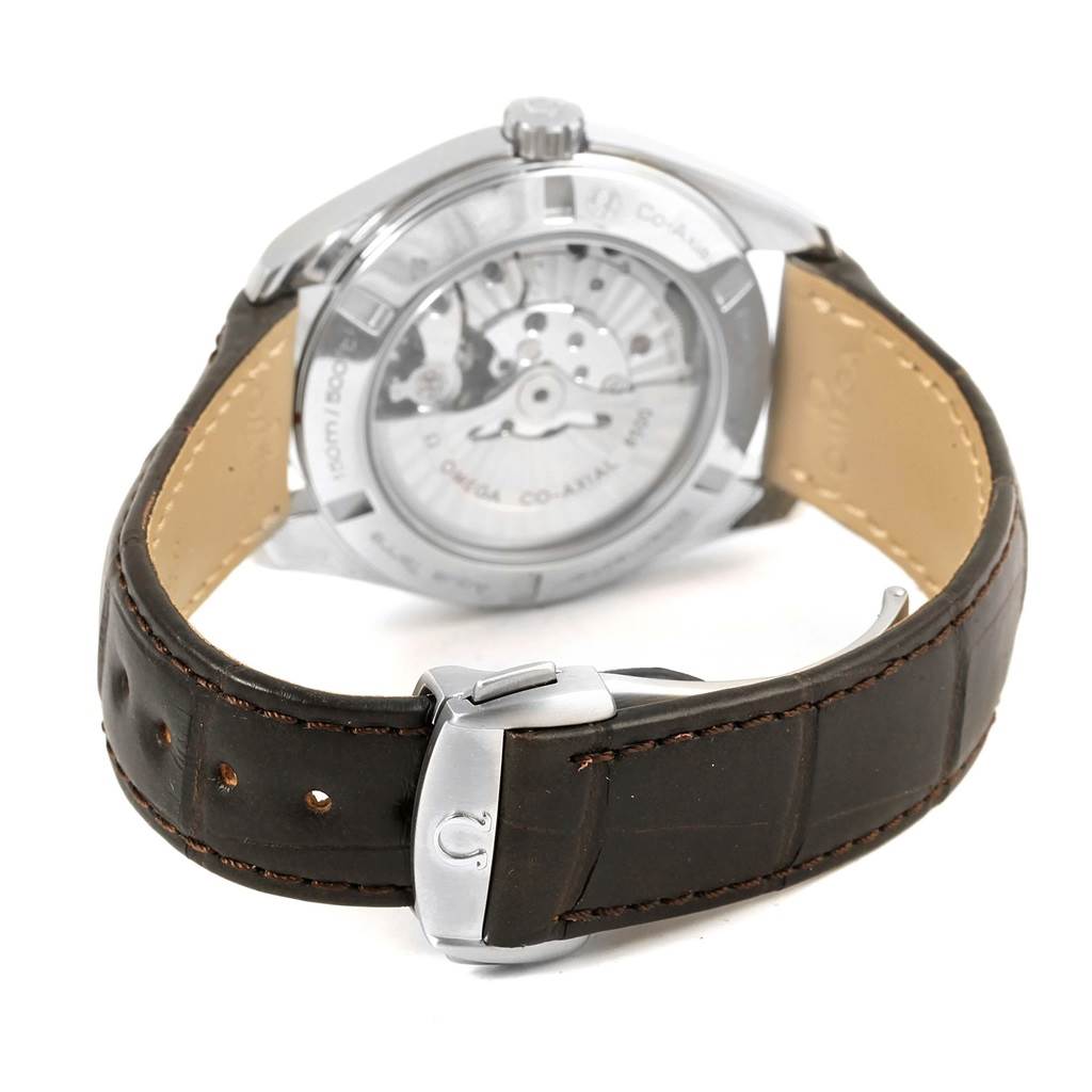 This image shows the back view of the Omega Aqua Terra 231.13.42.21.02.002 Men's Stainless Steel Silver Dial 231.13.42.21.02.002 Men's Stainless Steel Silver Dial watch, highlighting the movement and leather strap.