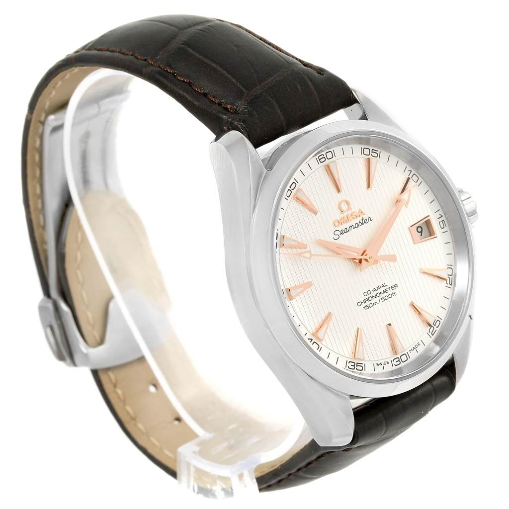 The Omega Aqua Terra 231.13.42.21.02.002 Men's Stainless Steel Silver Dial 231.13.42.21.02.002 Men's Stainless Steel Silver Dial watch is shown at a three-quarter angle, displaying the face, case, crown, and leather strap.