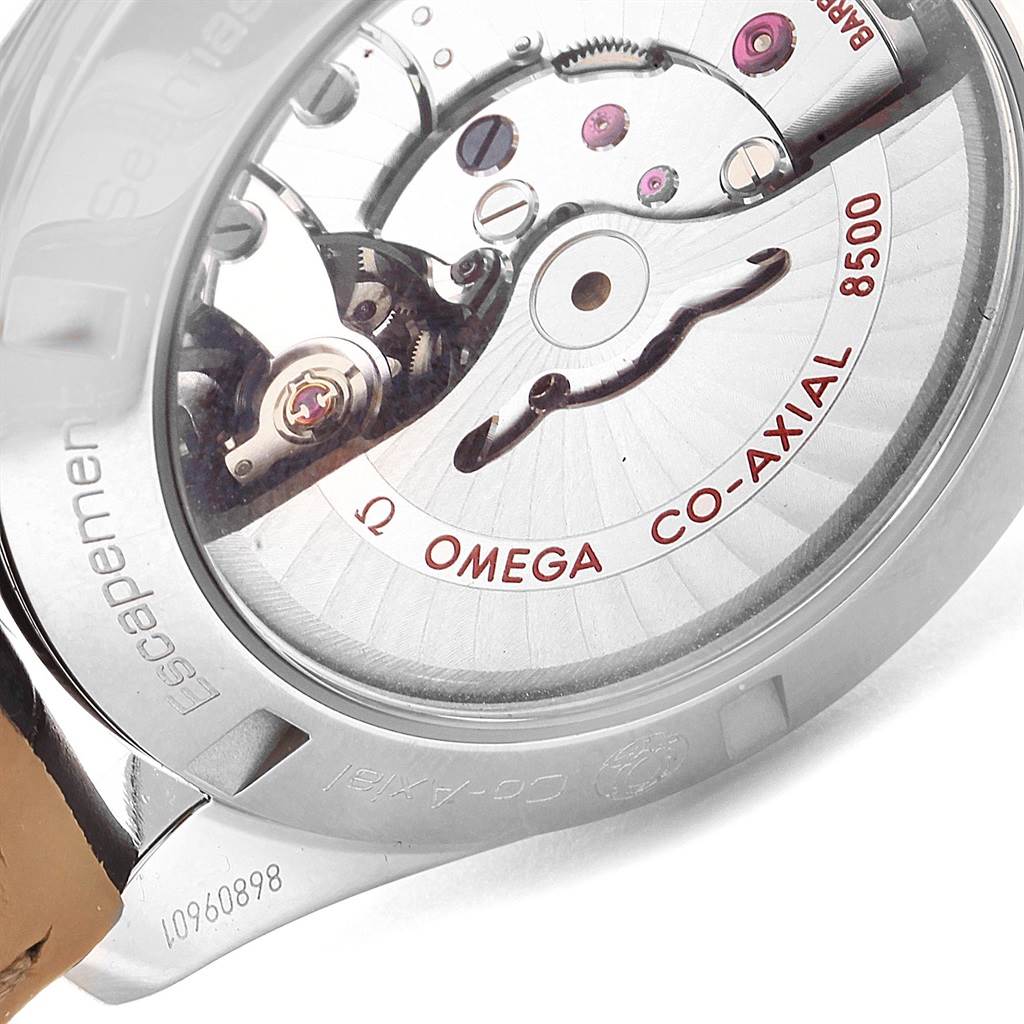 The image shows the back view of the Omega Aqua Terra 231.13.42.21.02.002 Men's Stainless Steel Silver Dial 231.13.42.21.02.002 Men's Stainless Steel Silver Dial watch, highlighting the Co-Axial 8500 movement.