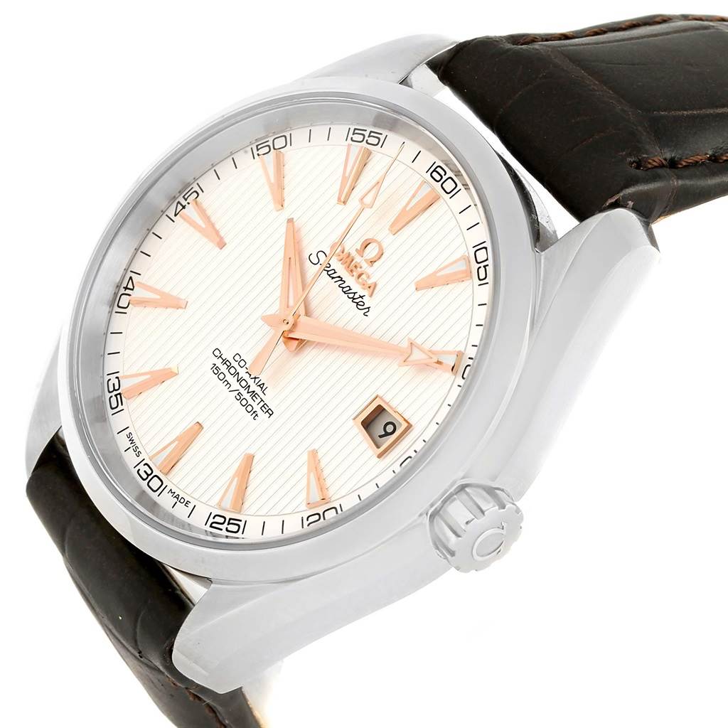 The image shows an Omega Aqua Terra 231.13.42.21.02.002 Men's Stainless Steel Silver Dial 231.13.42.21.02.002 Men's Stainless Steel Silver Dial watch at an angled side view, displaying its face, crown, and a part of its leather strap.