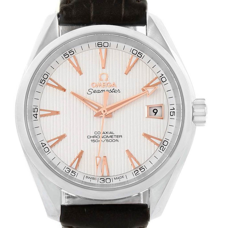 The image shows a front view of the Omega Aqua Terra 231.13.42.21.02.002 Men's Stainless Steel Silver Dial 231.13.42.21.02.002 Men's Stainless Steel Silver Dial model, displaying the dial, hands, date window, and bezel.