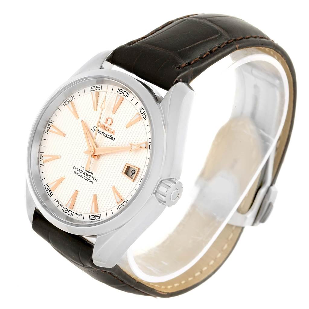 The Omega Aqua Terra 231.13.42.21.02.002 Men's Stainless Steel Silver Dial 231.13.42.21.02.002 Men's Stainless Steel Silver Dial watch is shown at an angled view displaying the face, bezel, crown, and leather strap.