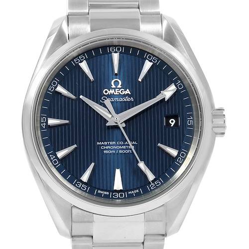 The image shows a frontal view of the Omega Aqua Terra 231.10.42.21.03.003 Men's Stainless Steel Blue Dial 231.10.42.21.03.003 Men's Stainless Steel Blue Dial watch, featuring its blue dial, metal bracelet, and date display.