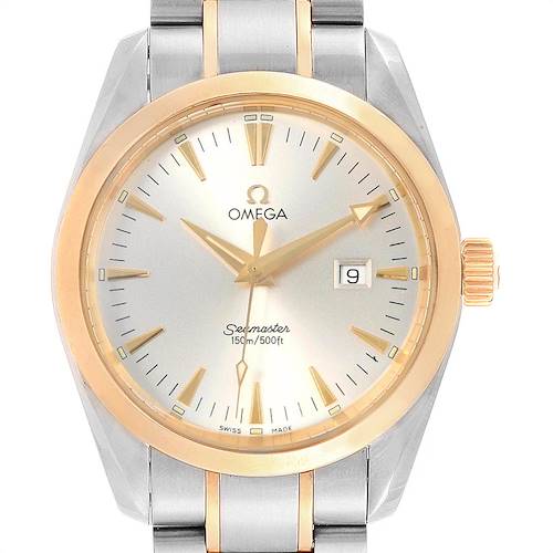 The Omega Aqua Terra 2317.30.00 Men's Steel and Gold (two tone) Silver Dial 2317.30.00 Men's Steel and Gold (two tone) Silver Dial watch is shown from a front angle, displaying the face, bezel, hands, date window, and part of the bracelet.