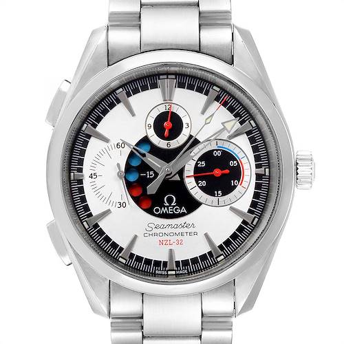 The image shows a front view of the Omega Seamaster Aqua Terra NZL-32 chronometer watch, highlighting its dial and stainless steel bracelet.