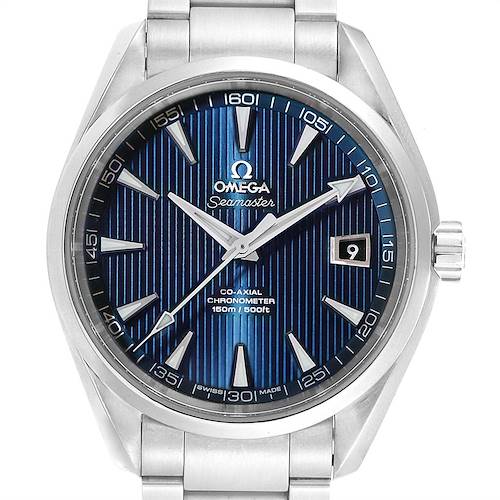 The image shows a front view of the Omega Aqua Terra 231.10.42.21.03.001 Men's Stainless Steel Silver Dial 231.10.42.21.03.001 Men's Stainless Steel Silver Dial model, highlighting its blue dial, date window, and metal bracelet.
