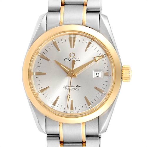 This image shows a front view of the Omega Aqua Terra 2317.30.00 Men's Steel and Gold (two tone) Silver Dial 2317.30.00 Men's Steel and Gold (two tone) Silver Dial Seamaster watch, highlighting its dial, bezel, and part of the bracelet.