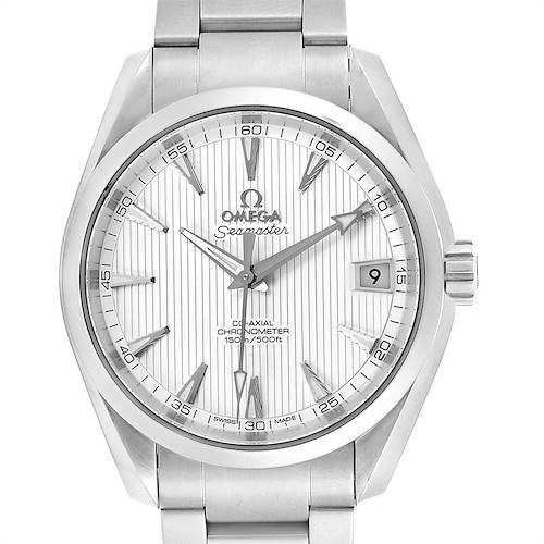 The image shows a front view of the Omega Aqua Terra 231.10.39.21.02.001 Men's Stainless Steel Silver Dial 231.10.39.21.02.001 Men's Stainless Steel Silver Dial watch, highlighting the dial, hands, indices, crown, and a portion of the bracelet.