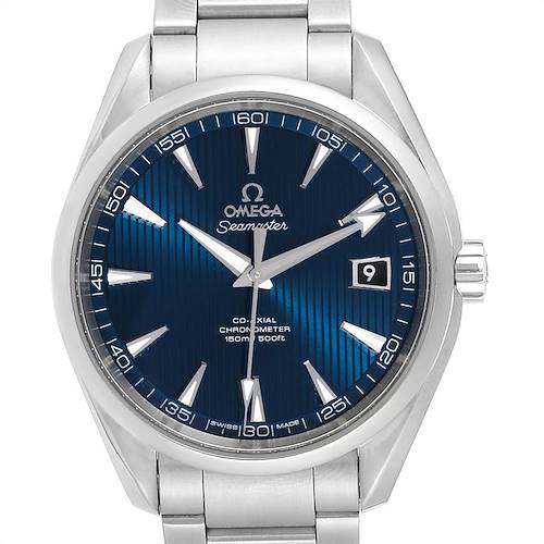 This image shows a front view of an Omega Seamaster Aqua Terra, highlighting its blue dial, silver indices, and date window.