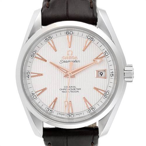 The Omega Aqua Terra 231.13.39.21.02.002 Men's Stainless Steel Silver Dial 231.13.39.21.02.002 Men's Stainless Steel Silver Dial watch is shown from a direct frontal angle, displaying its dial, case, crown, and strap.