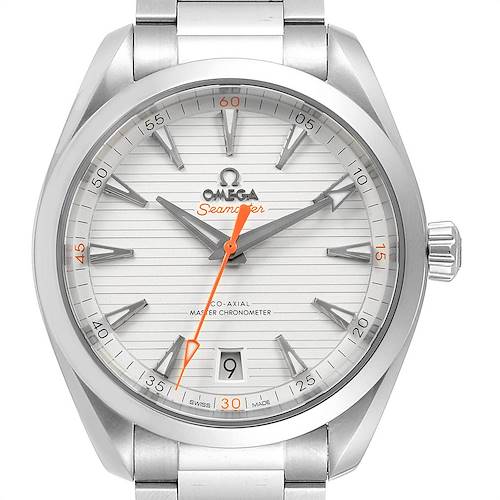 The image shows a front view of the Omega Aqua Terra 220.10.41.21.02.001 Men's Stainless Steel Silver Dial 220.10.41.21.02.001 Men's Stainless Steel Silver Dial Seamaster watch, featuring its dial, hands, and part of its stainless steel bracelet.
