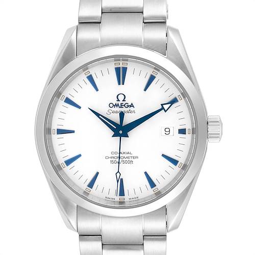 The Omega Aqua Terra 2503.33.00 Men's Stainless Steel Silver Dial 2503.33.00 Men's Stainless Steel Silver Dial watch is shown from a front-facing angle, displaying its dial, hands, hour markers, crown, and part of the bracelet.