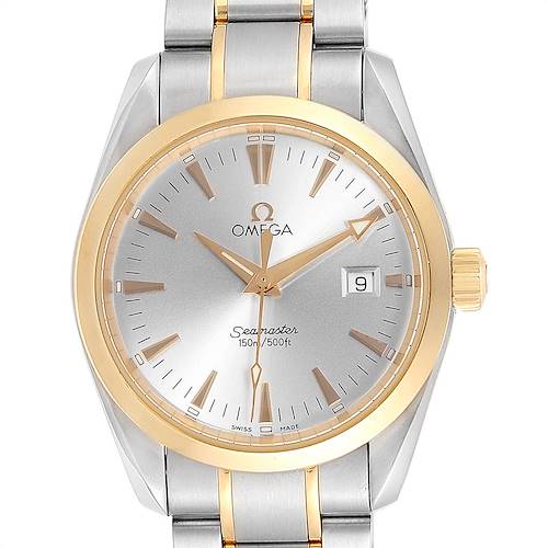 This image shows a front view of an Omega Aqua Terra 2318.30.00 Men's Steel and Gold (two tone) Silver Dial 2318.30.00 Men's Steel and Gold (two tone) Silver Dial model watch, featuring a gold bezel, silver dial, and partial bracelet.
