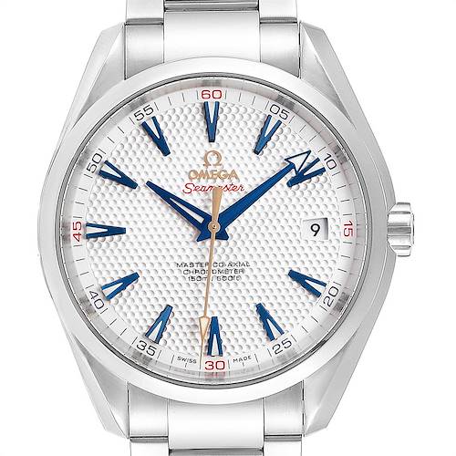 The image shows a front view of the Omega Aqua Terra 231.10.42.21.02.005 Men's Stainless Steel Silver Dial 231.10.42.21.02.005 Men's Stainless Steel Silver Dial watch, displaying the dial, hands, and part of the bracelet.