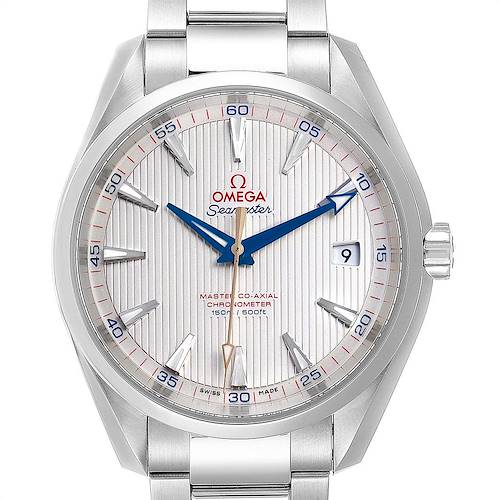 This image shows a front view of the Omega Aqua Terra 231.10.42.21.02.004 Men's Stainless Steel Silver Dial 231.10.42.21.02.004 Men's Stainless Steel Silver Dial watch, displaying the dial, indices, date window, and part of the metal bracelet.