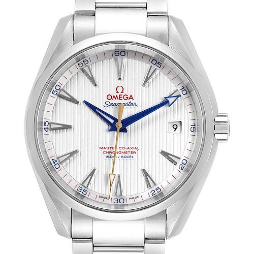 The image shows a front view of the Omega Aqua Terra 231.10.42.21.02.004 Men's Stainless Steel Silver Dial 231.10.42.21.02.004 Men's Stainless Steel Silver Dial watch, highlighting the dial, hands, markers, and stainless steel bracelet.