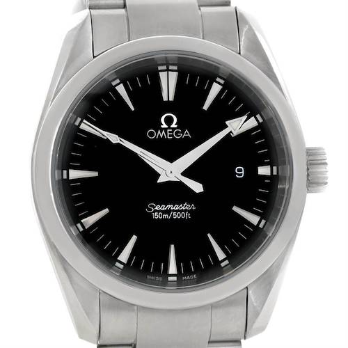 This image shows the Omega Aqua Terra 2502.30.00 Men's Stainless Steel Black Dial 2502.30.00 Men's Stainless Steel Black Dial watch from a front angle, highlighting the dial, hour markers, and stainless steel bracelet.